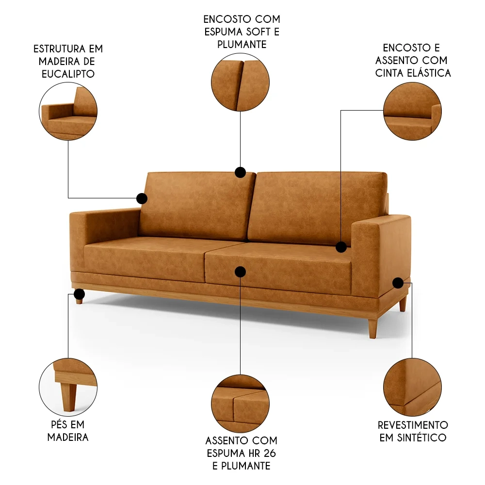 Sofá 3 Lugares 180cm Living Sala de Estar Kayrós D05 Sintético Whisky - Mpozenato