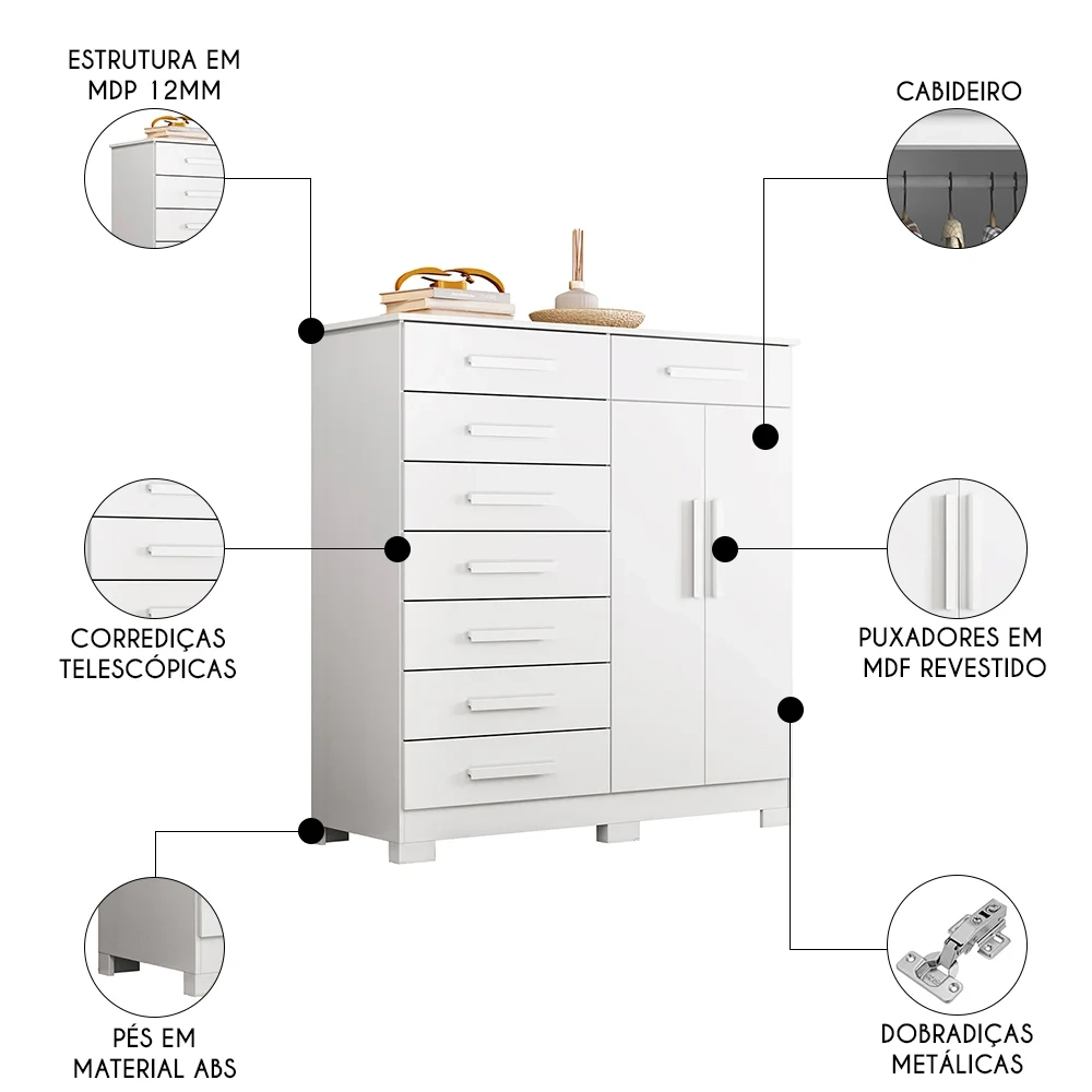 Cômoda Sapateira 8 Gavetas 2 Portas 125cm Verona Branco - Albatroz