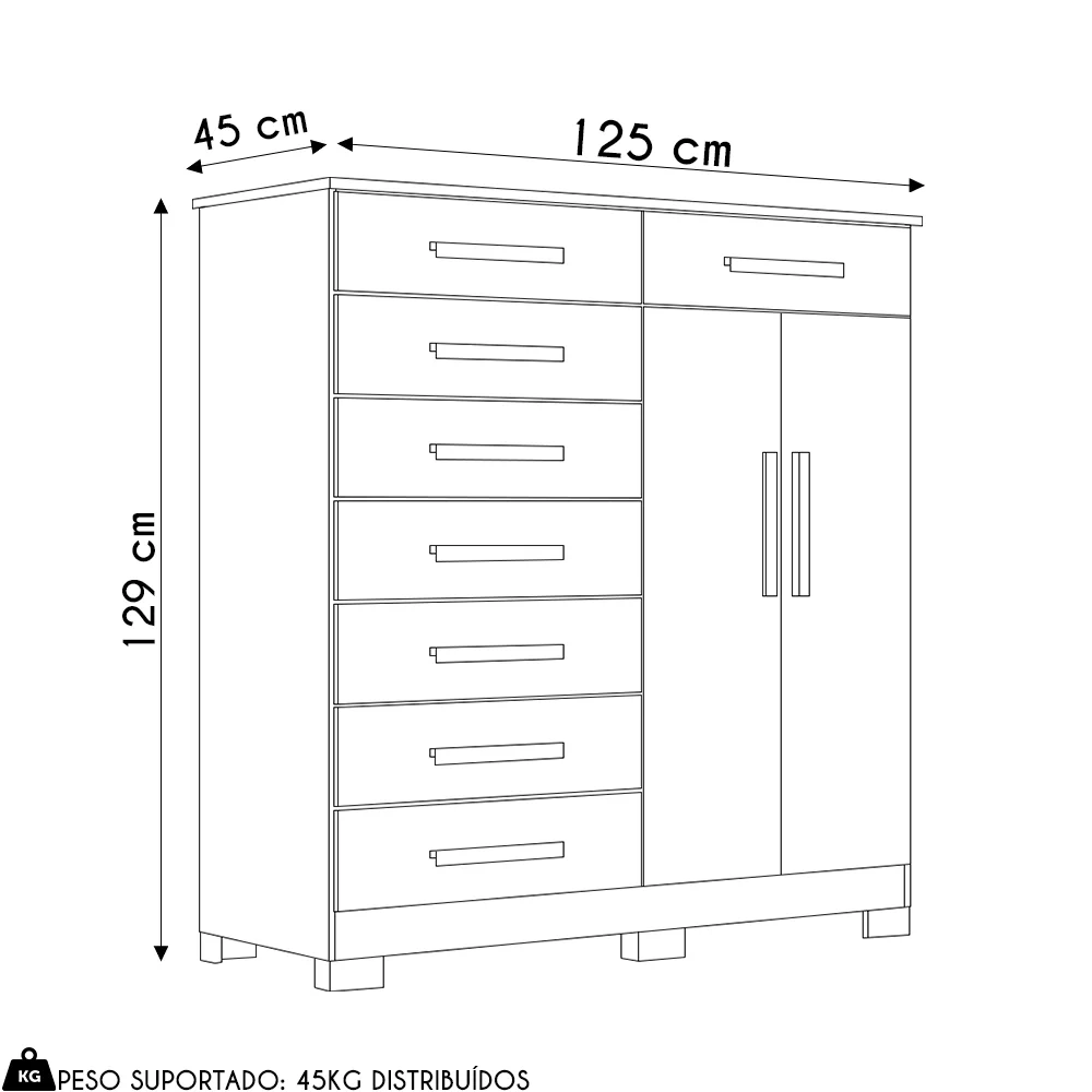 Cômoda Sapateira 8 Gavetas 2 Portas 125cm Verona Branco - Albatroz