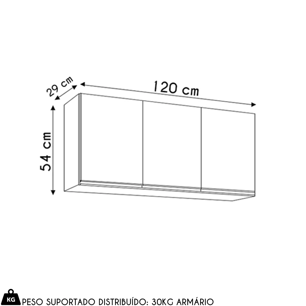 Armário de Cozinha Aéreo 120cm 3 Portas Virgínia Cinza Claro - Lumil