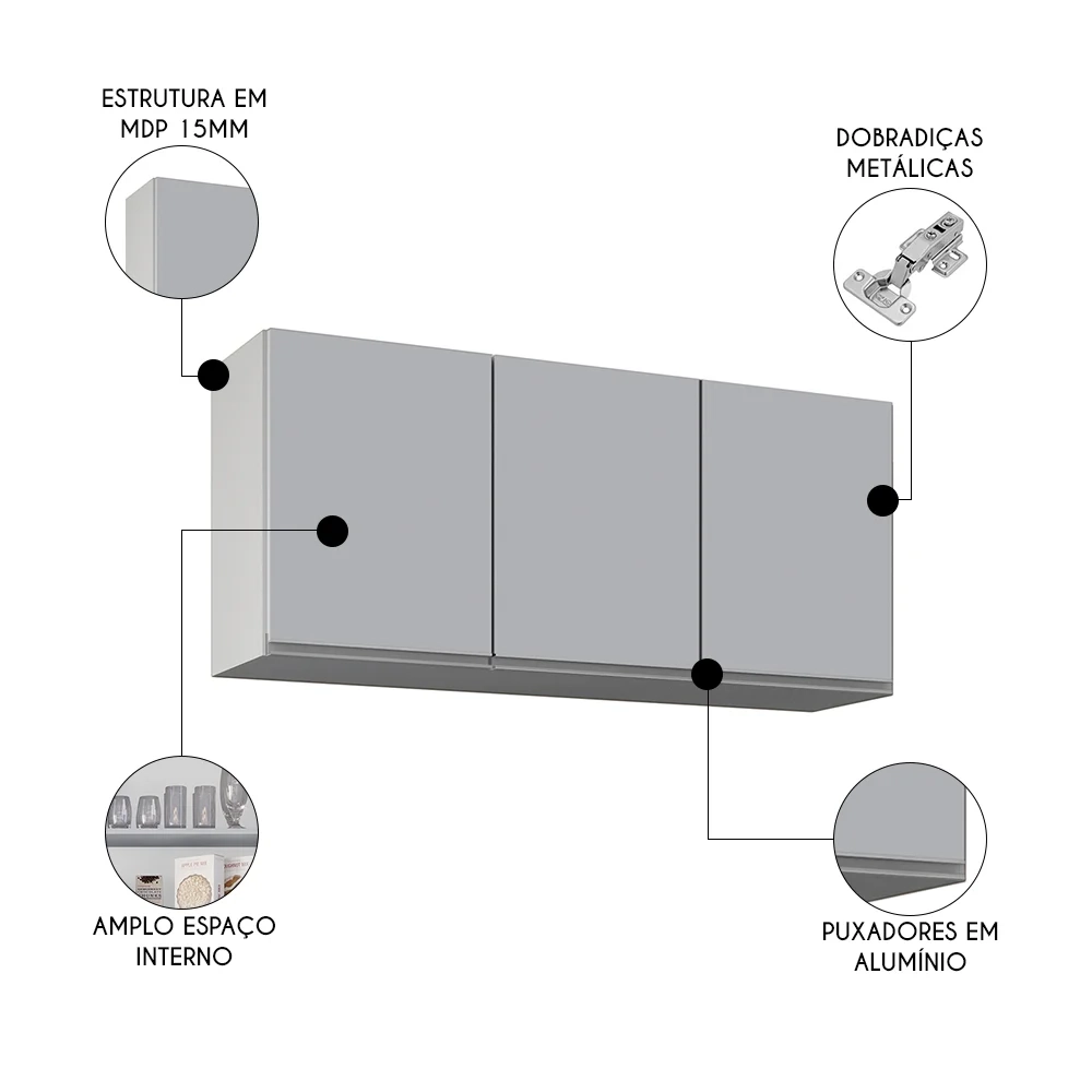 Armário de Cozinha Aéreo 120cm 3 Portas Virgínia Cinza Claro - Lumil