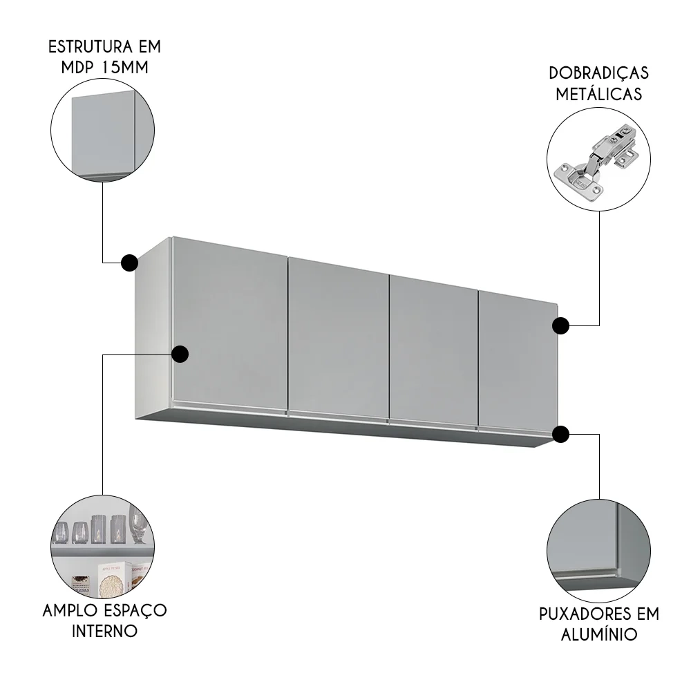 Armário de Cozinha Aéreo 160cm 4 Portas Nevada Cinza Claro - Lumil
