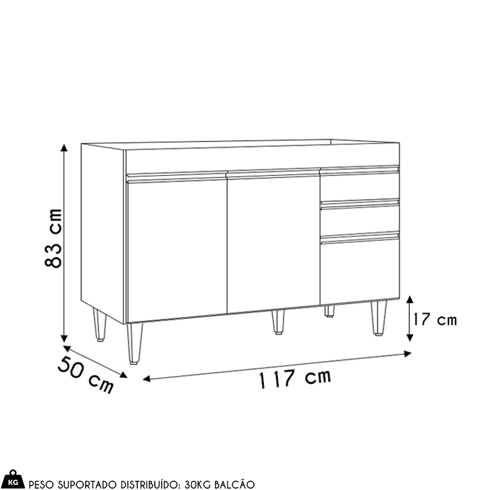 Balcão de Cozinha Para Pia 120cm 3 Portas Sem Tampo Michigan Cinza Claro - Lumil