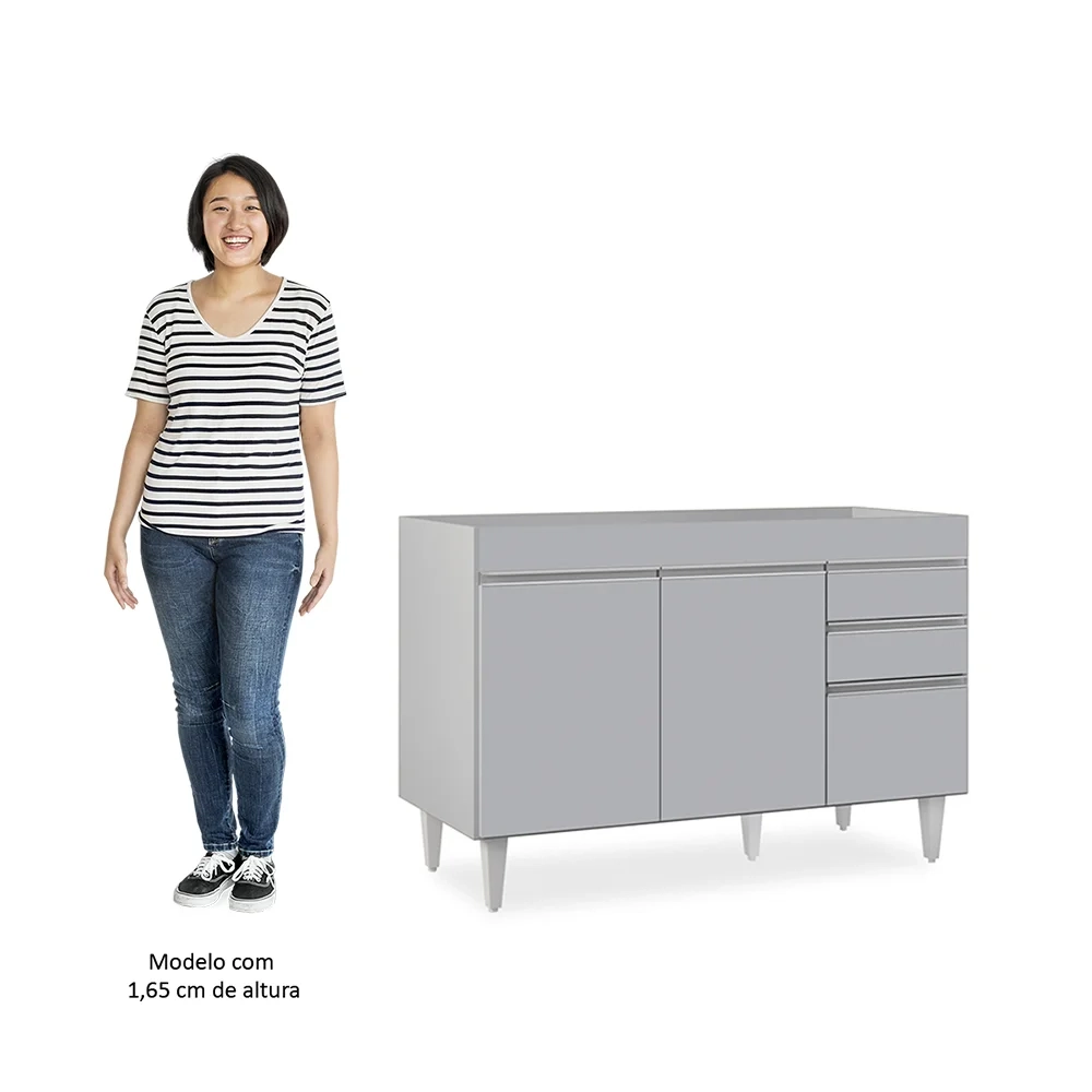Balcão de Cozinha Para Pia 120cm 3 Portas Sem Tampo Michigan Cinza Claro - Lumil