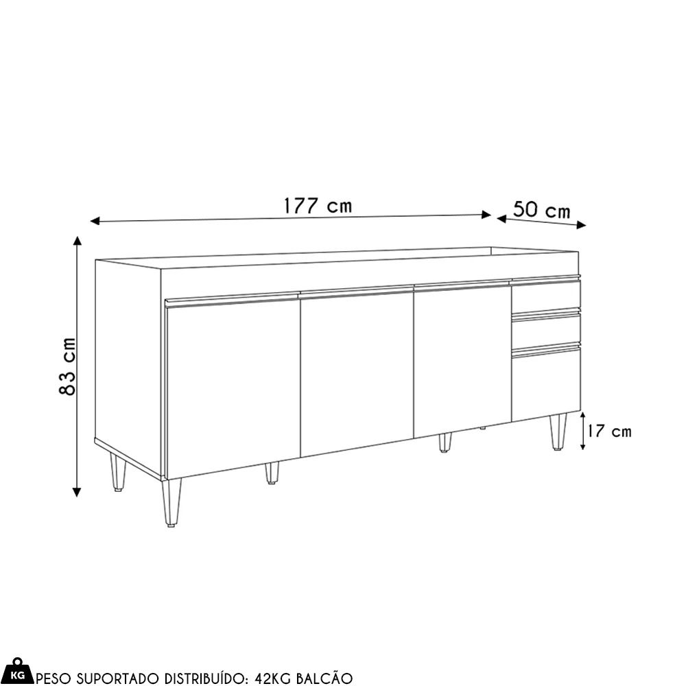 Balcão de Cozinha Para Pia 180cm 4 Portas Sem Tampo Dallas Cinza Claro - Lumil
