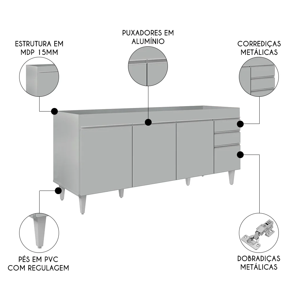 Balcão de Cozinha Para Pia 180cm 4 Portas Sem Tampo Dallas Cinza Claro - Lumil