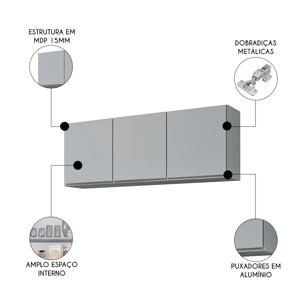 Armário de Cozinha Aéreo 150cm 3 Portas Argélia Cinza Claro - Lumil
