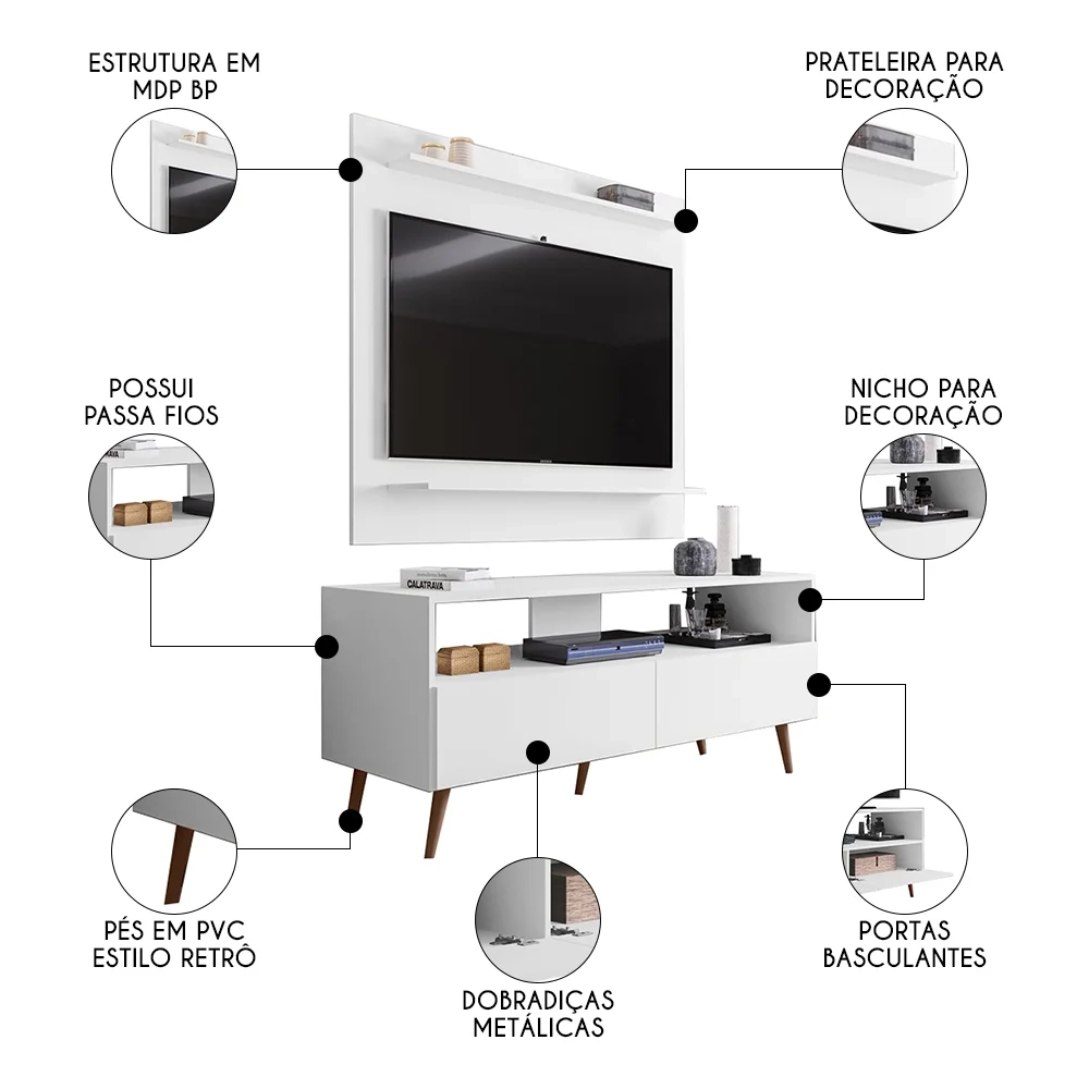 Painel para TV 50 Pol Senna e Rack Bancada 136cm Versa Z34 Branco - Mpozenato