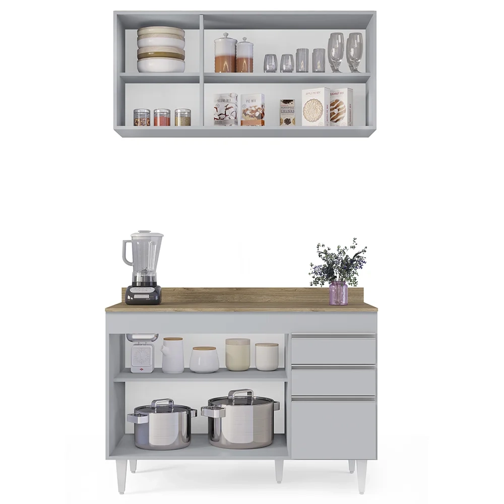 Armário de Cozinha Aéreo Virgínia e Balcão Com Tampo 120cm Michigan Cinza Claro/Castanho - Lumil
