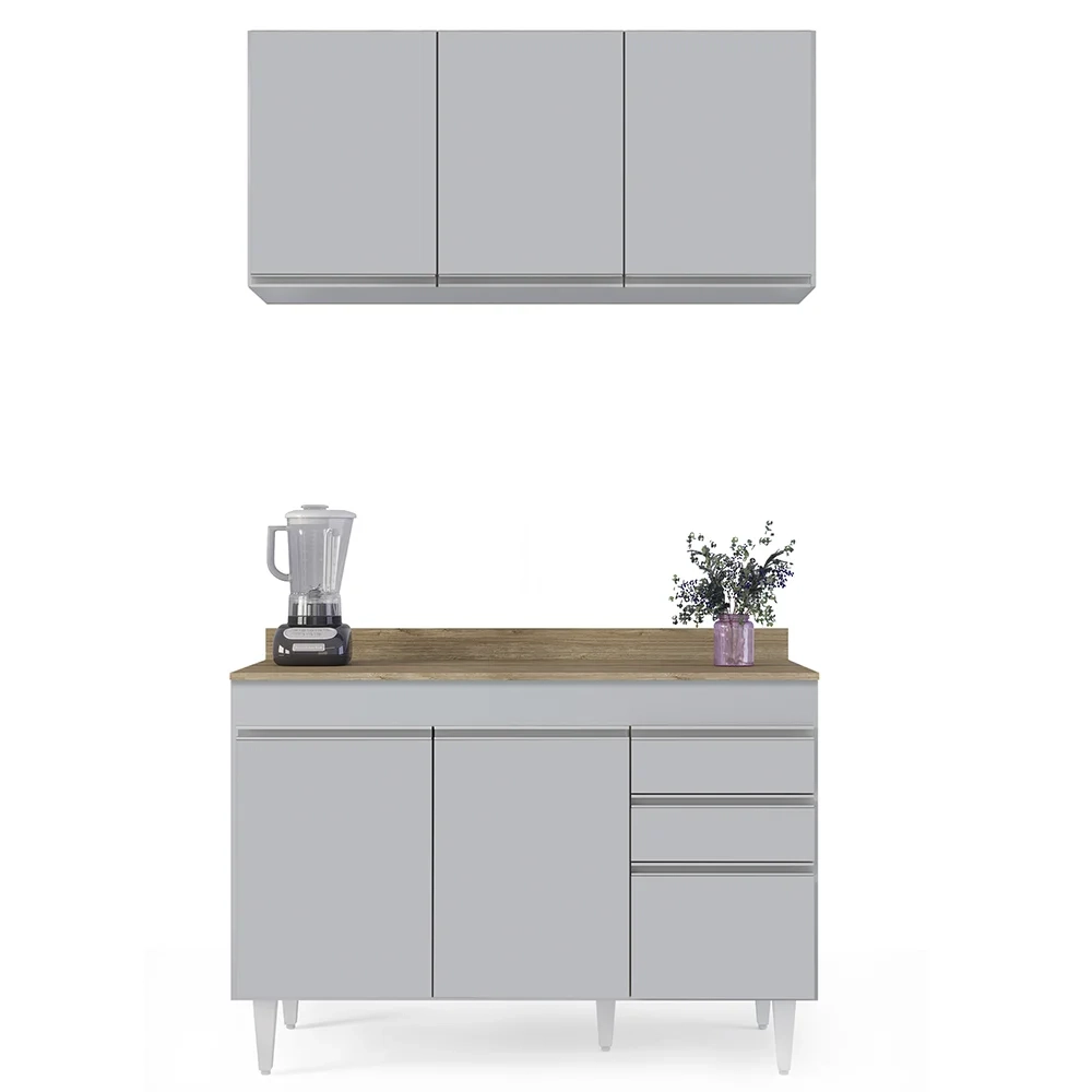 Armário de Cozinha Aéreo Virgínia e Balcão Com Tampo 120cm Michigan Cinza Claro/Castanho - Lumil