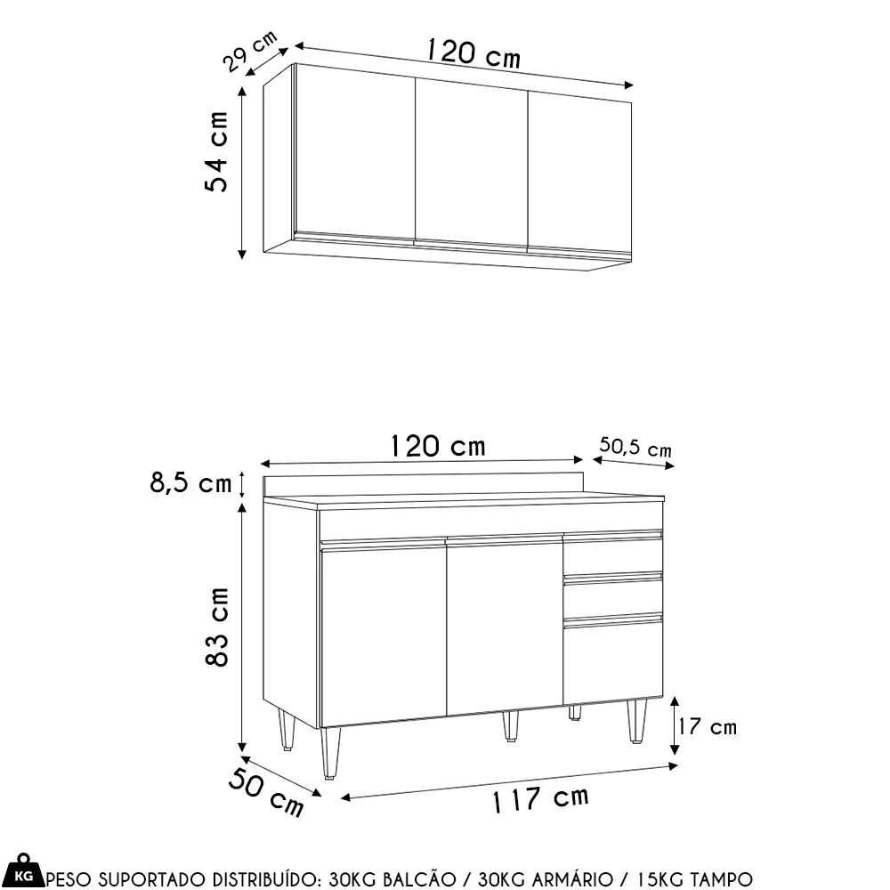 Armário de Cozinha Aéreo Virgínia e Balcão Com Tampo 120cm Michigan Cinza Claro/Castanho - Lumil