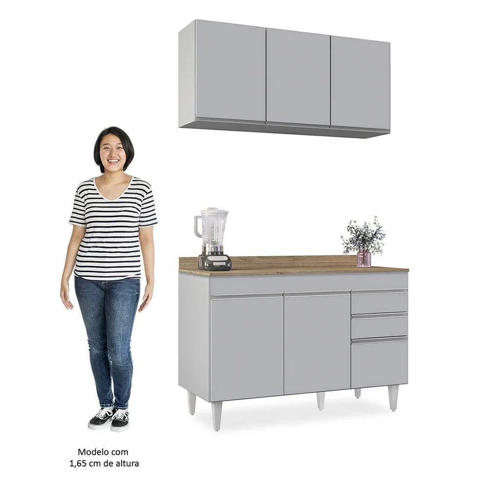 Armário de Cozinha Aéreo Virgínia e Balcão Com Tampo 120cm Michigan Cinza Claro/Castanho - Lumil