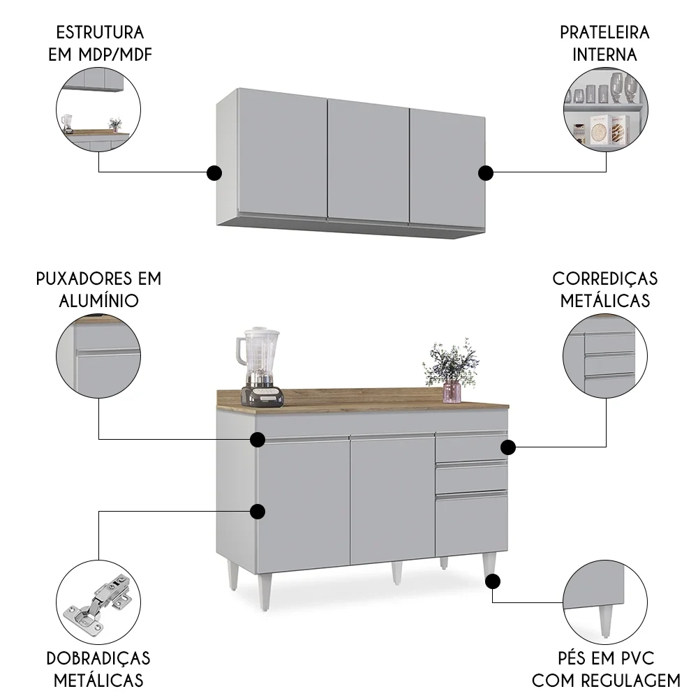 Armário de Cozinha Aéreo Virgínia e Balcão Com Tampo 120cm Michigan Cinza Claro/Castanho - Lumil