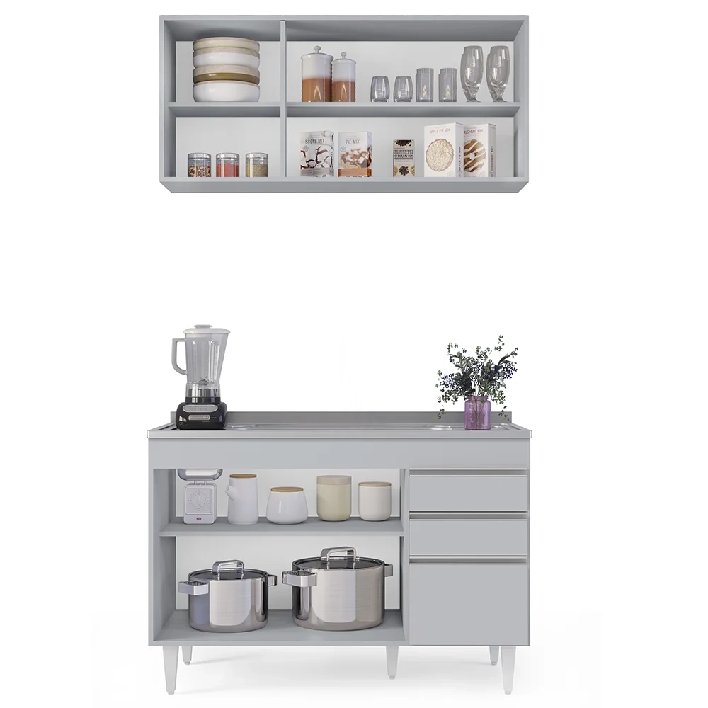 Armário de Cozinha Aéreo Virgínia e Balcão Com Pia 120cm Michigan Cinza Claro - Lumil
