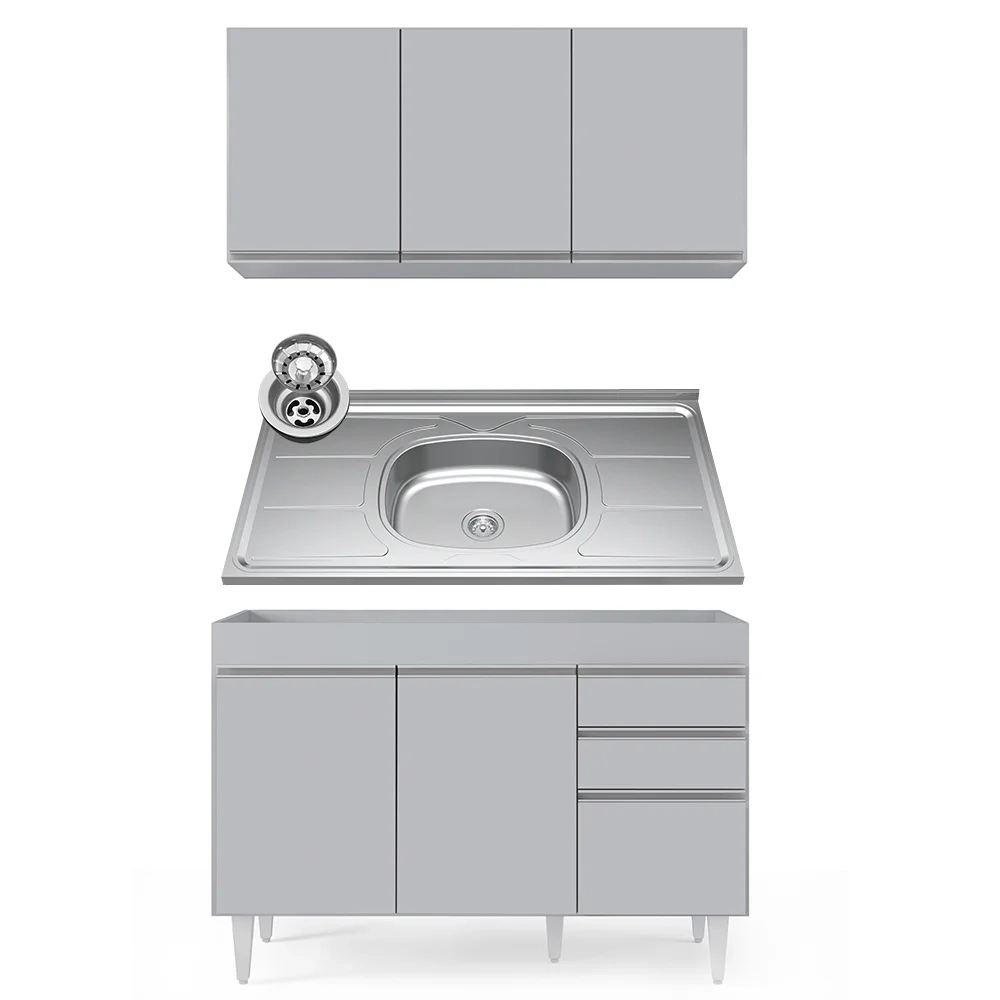 Armário de Cozinha Aéreo Virgínia e Balcão Com Pia 120cm Michigan Cinza Claro - Lumil