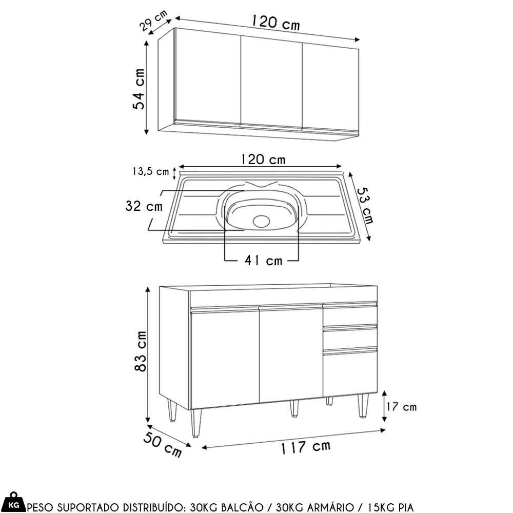 Armário de Cozinha Aéreo Virgínia e Balcão Com Pia 120cm Michigan Cinza Claro - Lumil