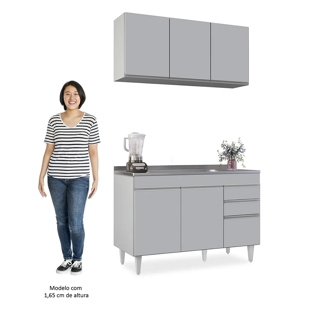 Armário de Cozinha Aéreo Virgínia e Balcão Com Pia 120cm Michigan Cinza Claro - Lumil