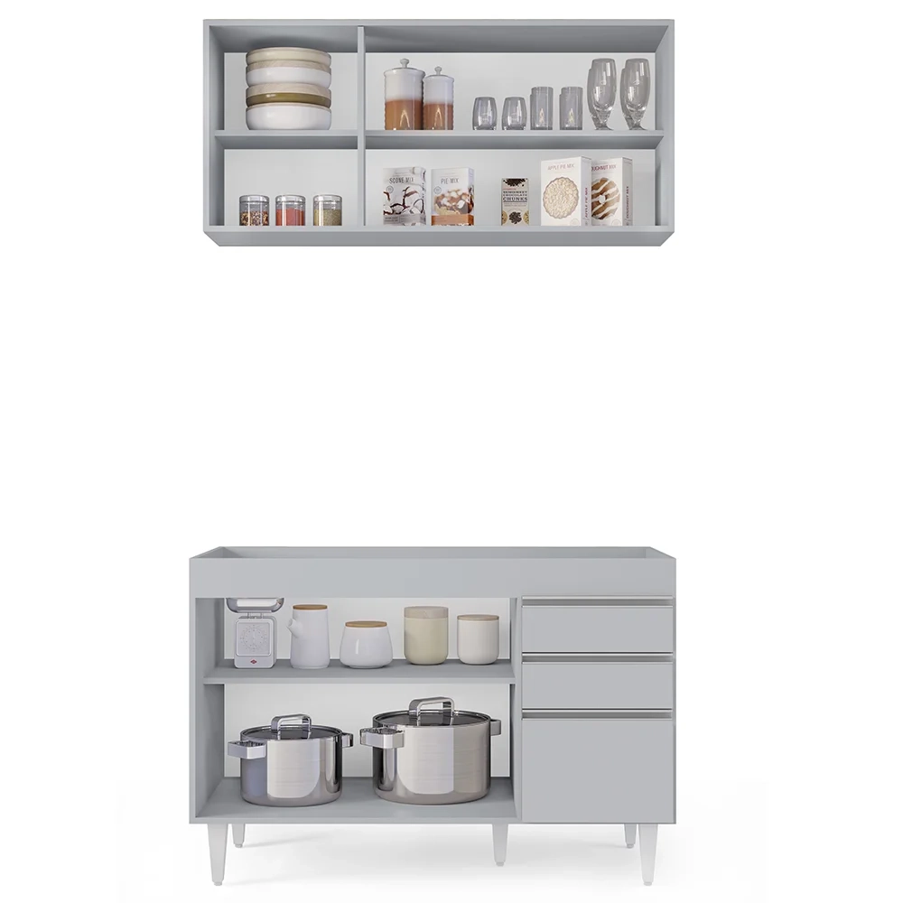 Armário de Cozinha Aéreo Virgínia e Balcão Para Pia 120cm Michigan Cinza Claro - Lumil