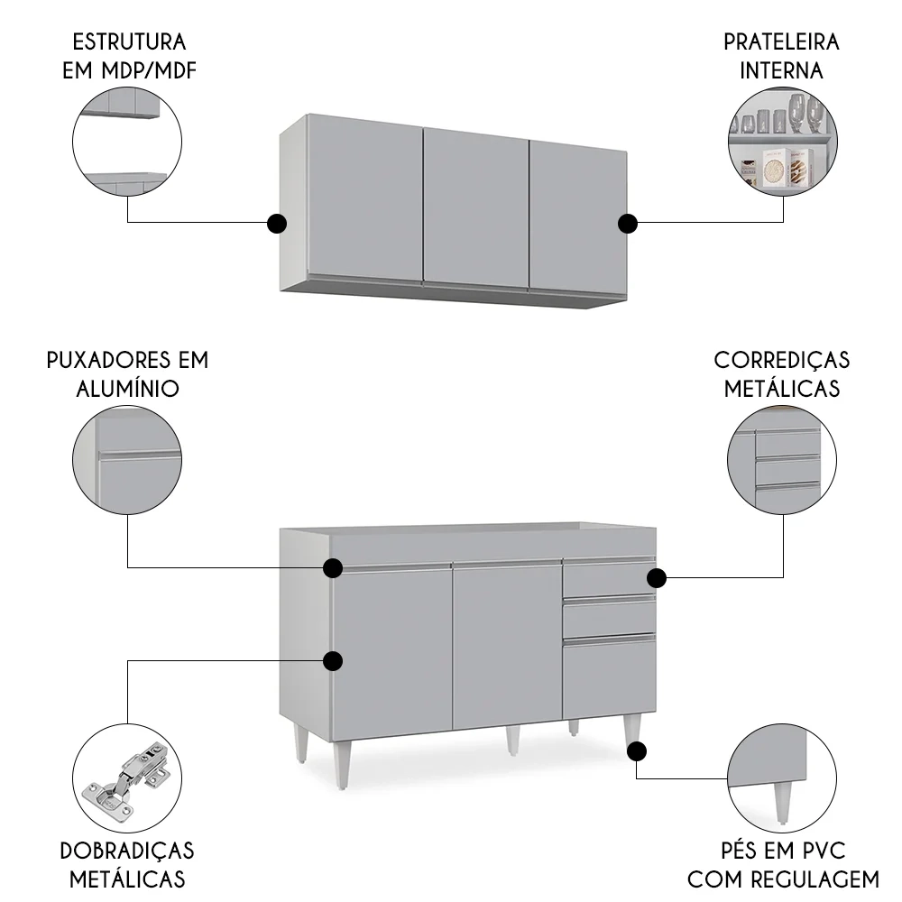 Armário de Cozinha Aéreo Virgínia e Balcão Para Pia 120cm Michigan Cinza Claro - Lumil