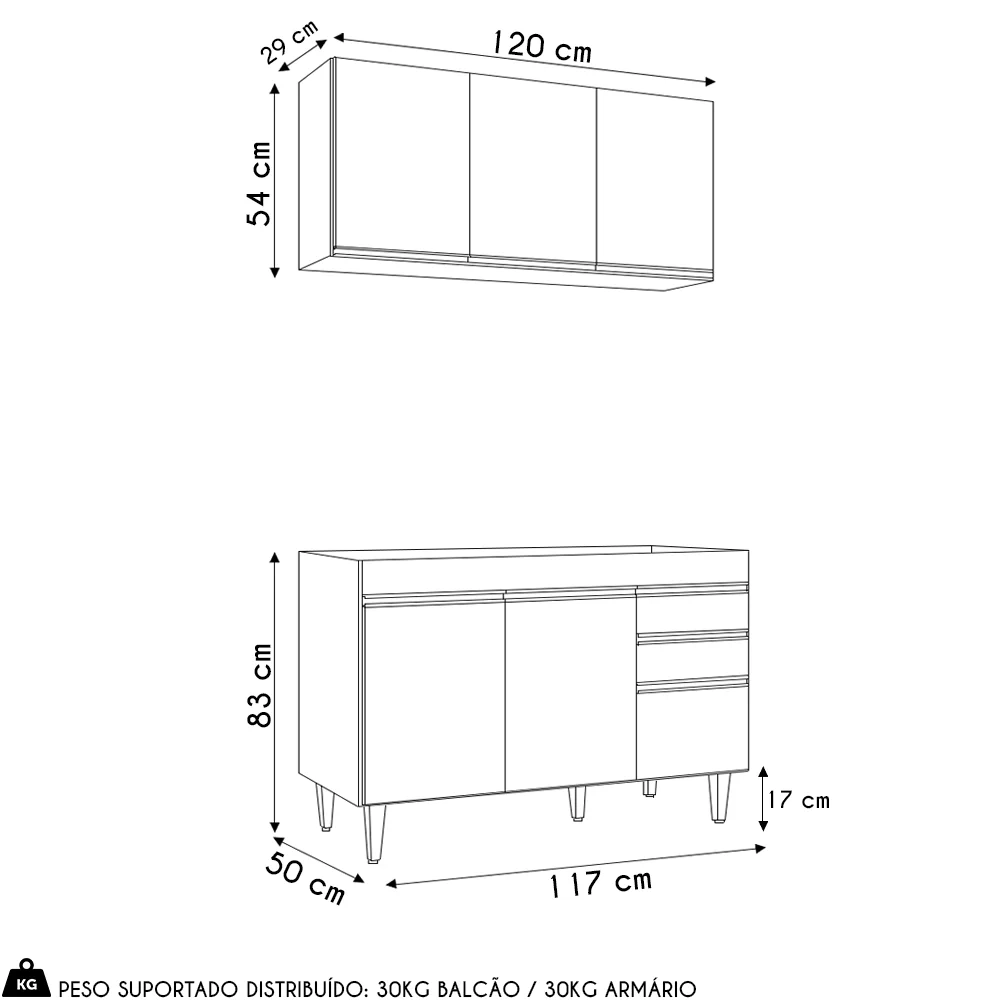 Armário de Cozinha Aéreo Virgínia e Balcão Para Pia 120cm Michigan Cinza Claro - Lumil