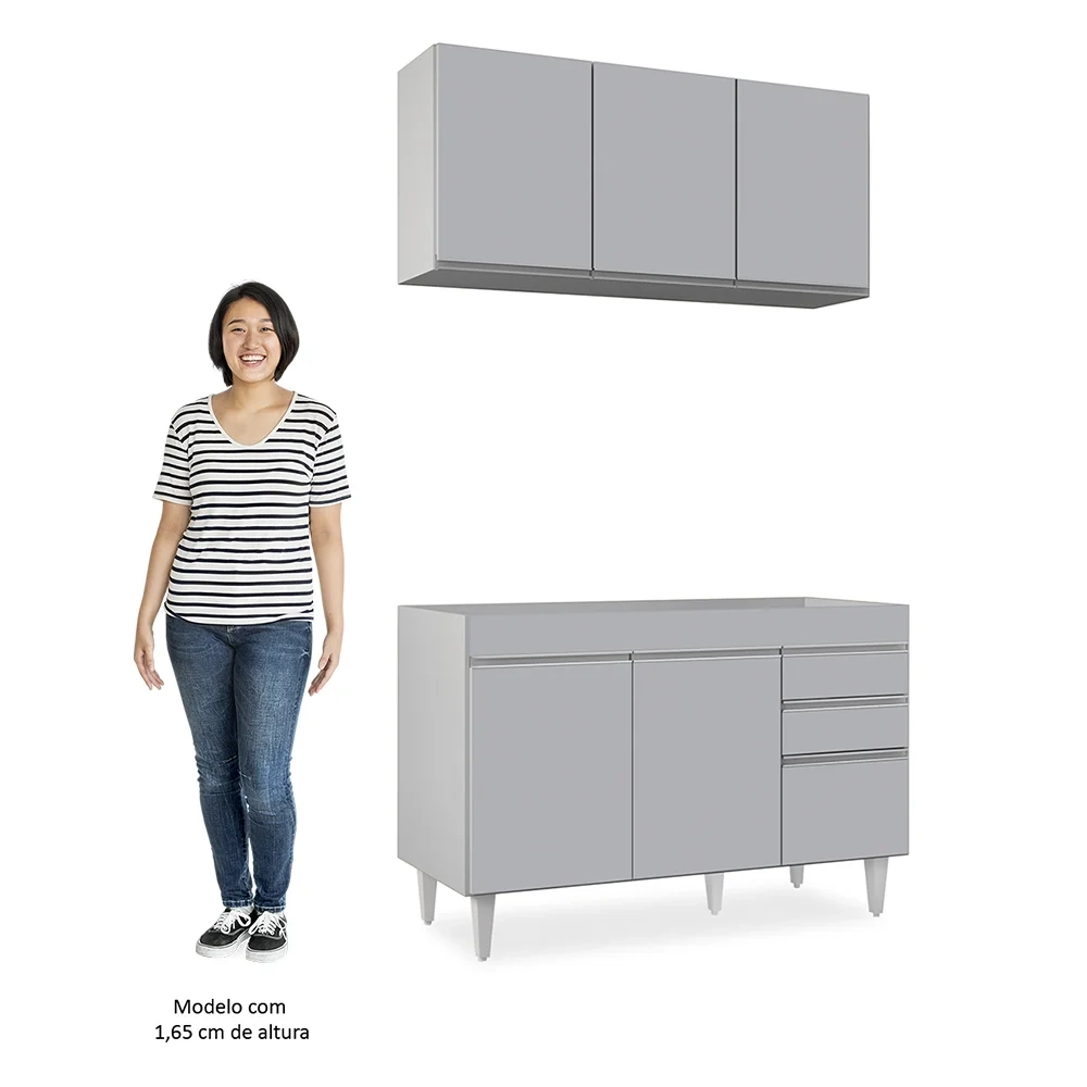 Armário de Cozinha Aéreo Virgínia e Balcão Para Pia 120cm Michigan Cinza Claro - Lumil