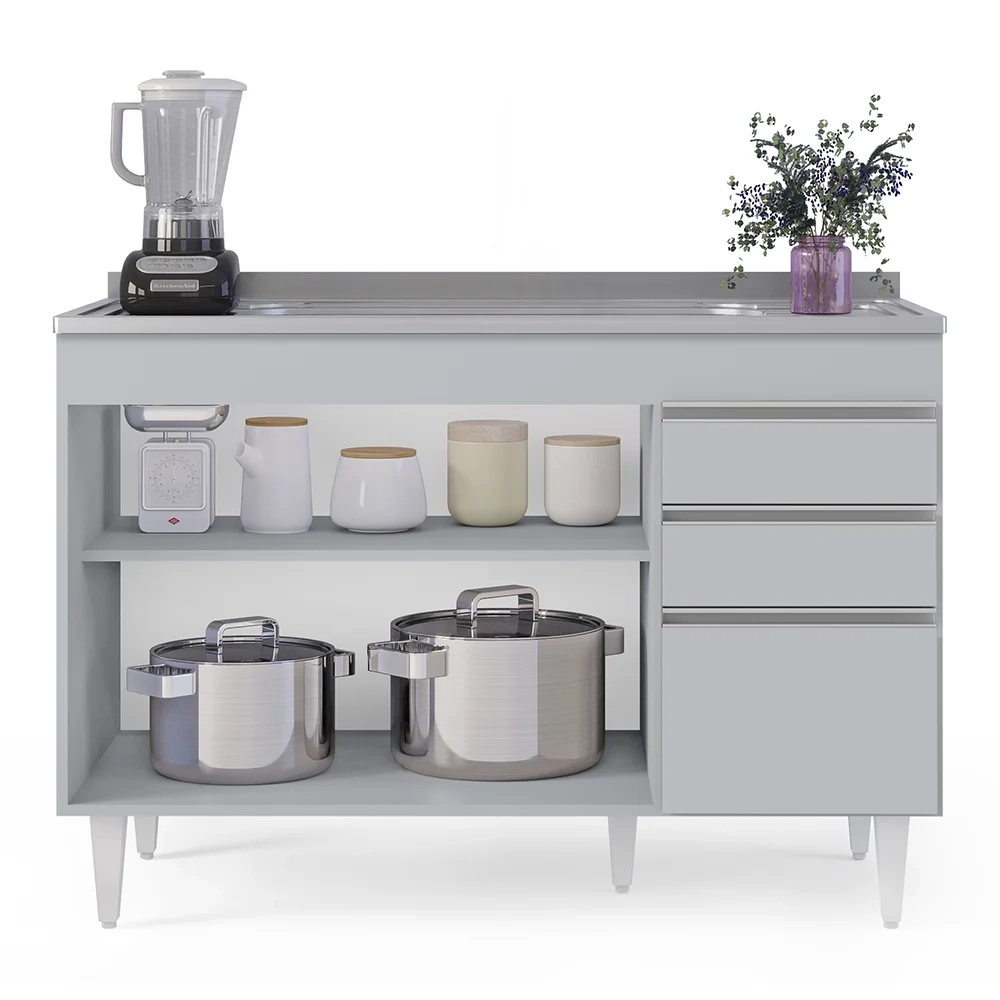 Balcão de Cozinha com Pia Inox 120cm 3 Portas Michigan Cinza Claro - Lumil