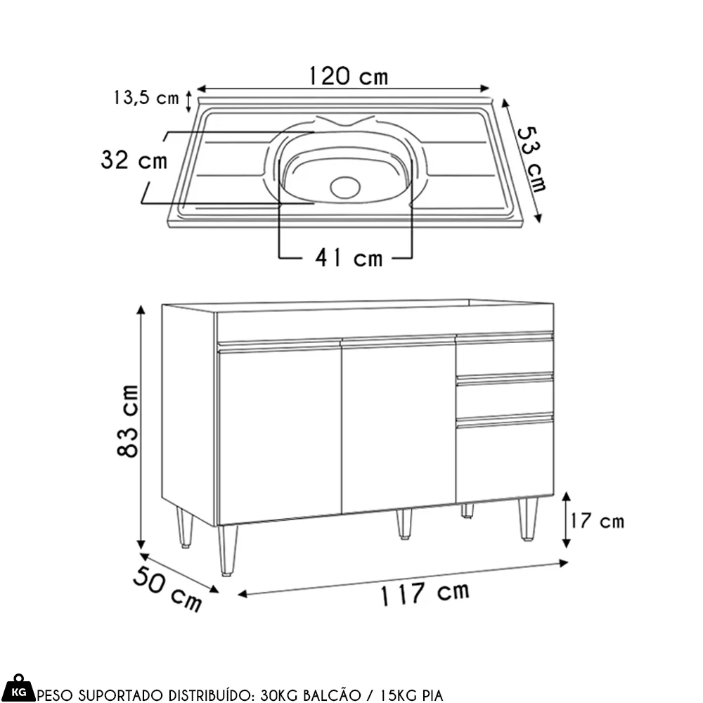 Balcão de Cozinha com Pia Inox 120cm 3 Portas Michigan Cinza Claro - Lumil