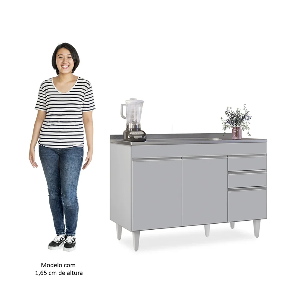 Balcão de Cozinha com Pia Inox 120cm 3 Portas Michigan Cinza Claro - Lumil