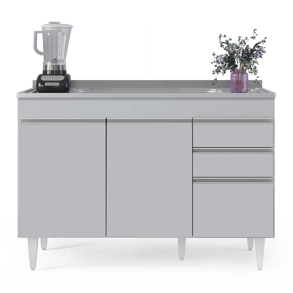 Balcão de Cozinha com Pia Inox 120cm 3 Portas Michigan Cinza Claro - Lumil