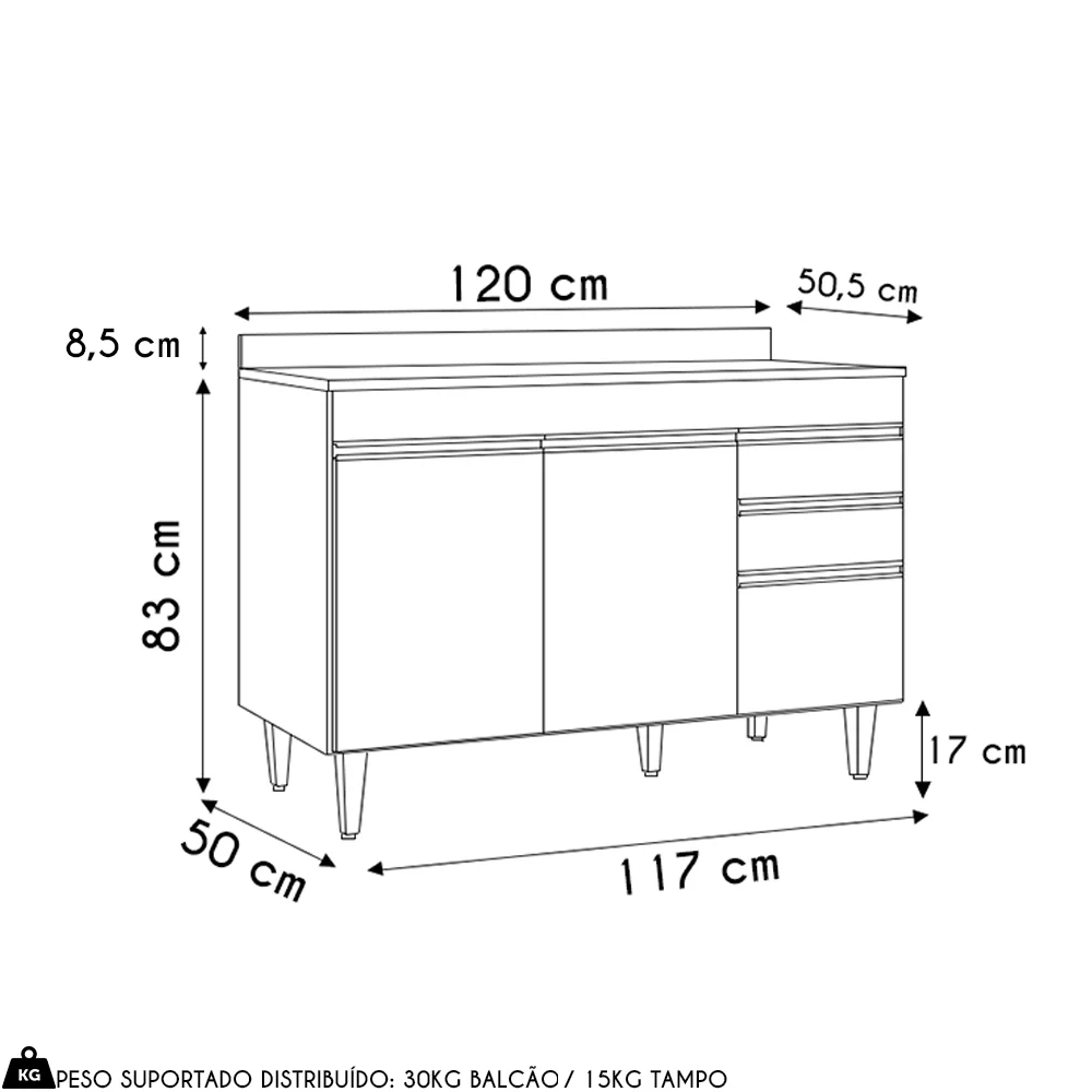 Balcão de Cozinha Para Pia 120cm com Tampo Michigan Cinza Claro/Castanho - Lumil