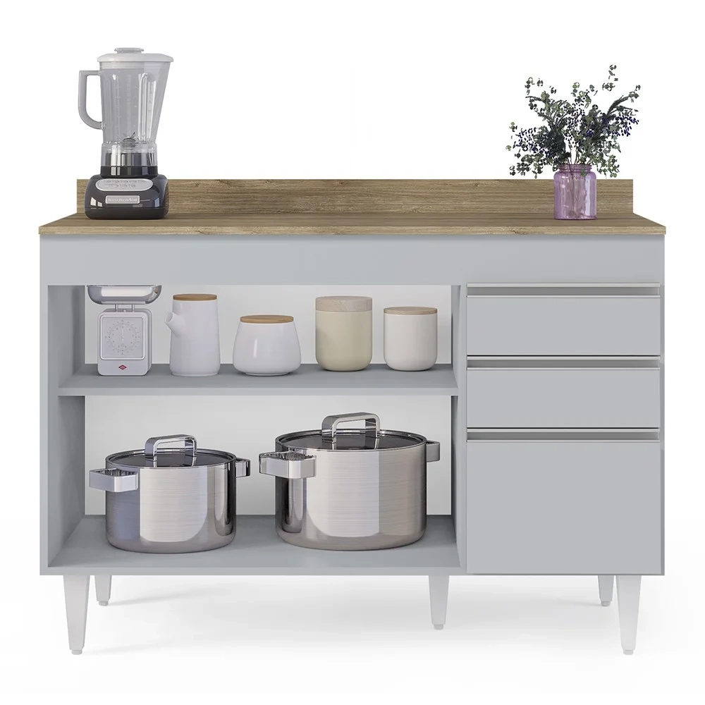 Balcão de Cozinha Para Pia 120cm com Tampo Michigan Cinza Claro/Castanho - Lumil