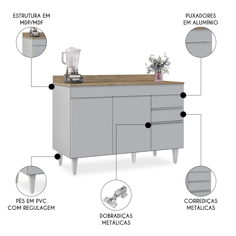 Balcão de Cozinha Para Pia 120cm com Tampo Michigan Cinza Claro/Castanho - Lumil