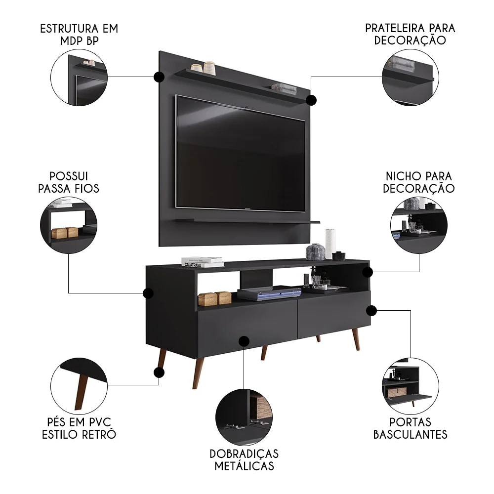 Painel para TV 50 Pol Senna e Rack Bancada 136cm Versa Z34 Preto - Mpozenato