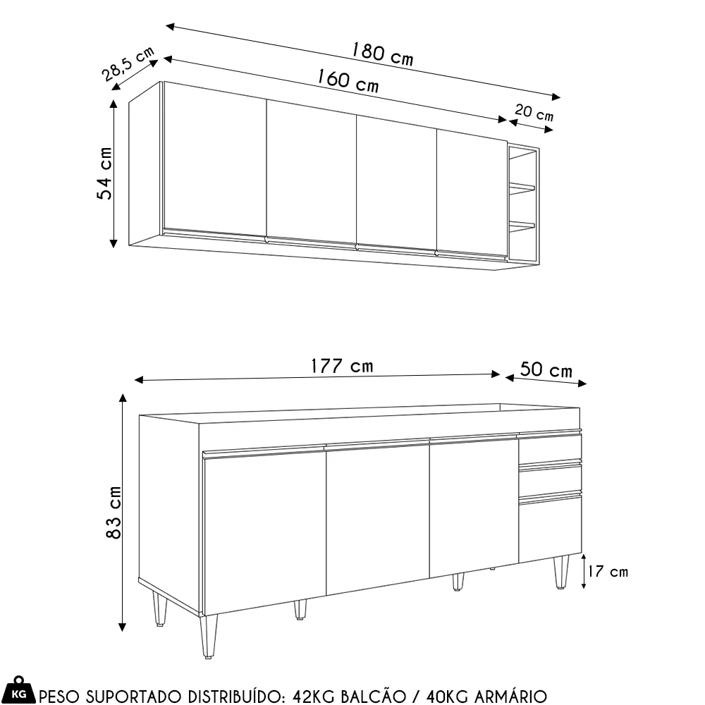 Armário Aéreo Nevada e Balcão para Pia 180cm Dallas Cinza Claro - Lumil