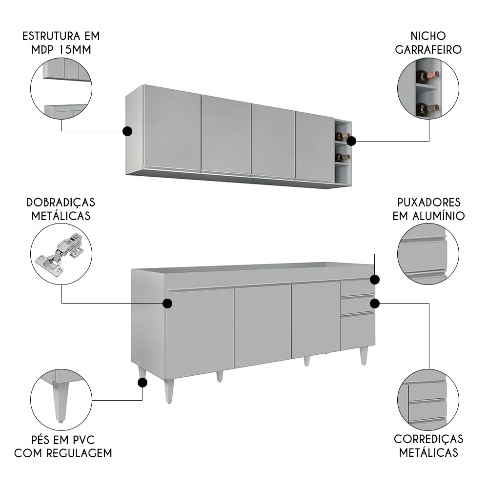 Armário Aéreo Nevada e Balcão para Pia 180cm Dallas Cinza Claro - Lumil