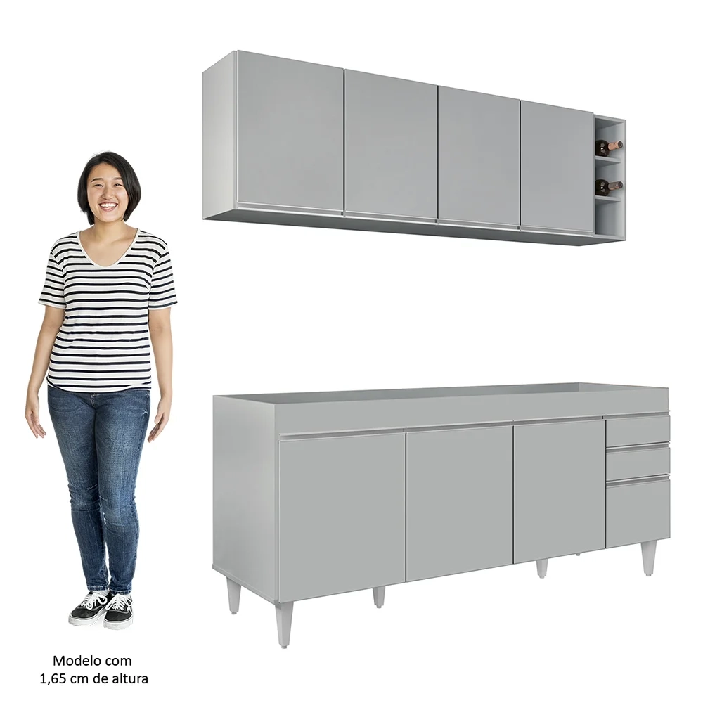 Armário Aéreo Nevada e Balcão para Pia 180cm Dallas Cinza Claro - Lumil
