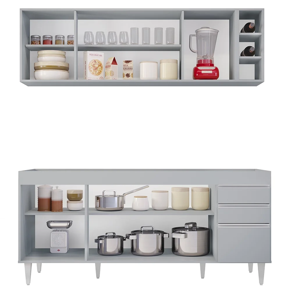 Armário Aéreo Nevada e Balcão para Pia 180cm Dallas Cinza Claro - Lumil