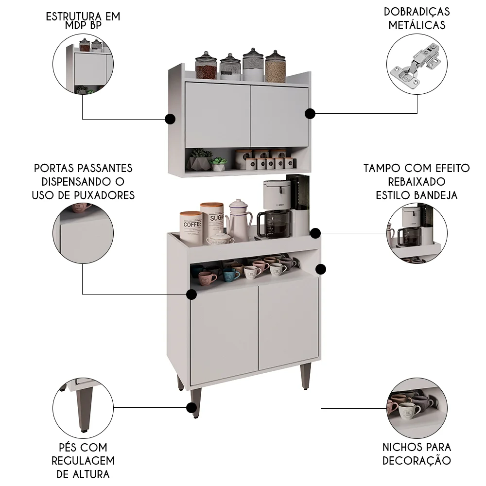Armário Aéreo Ceci e Balcão Aparador Buffet Lice Z34 Branco - Mpozenato