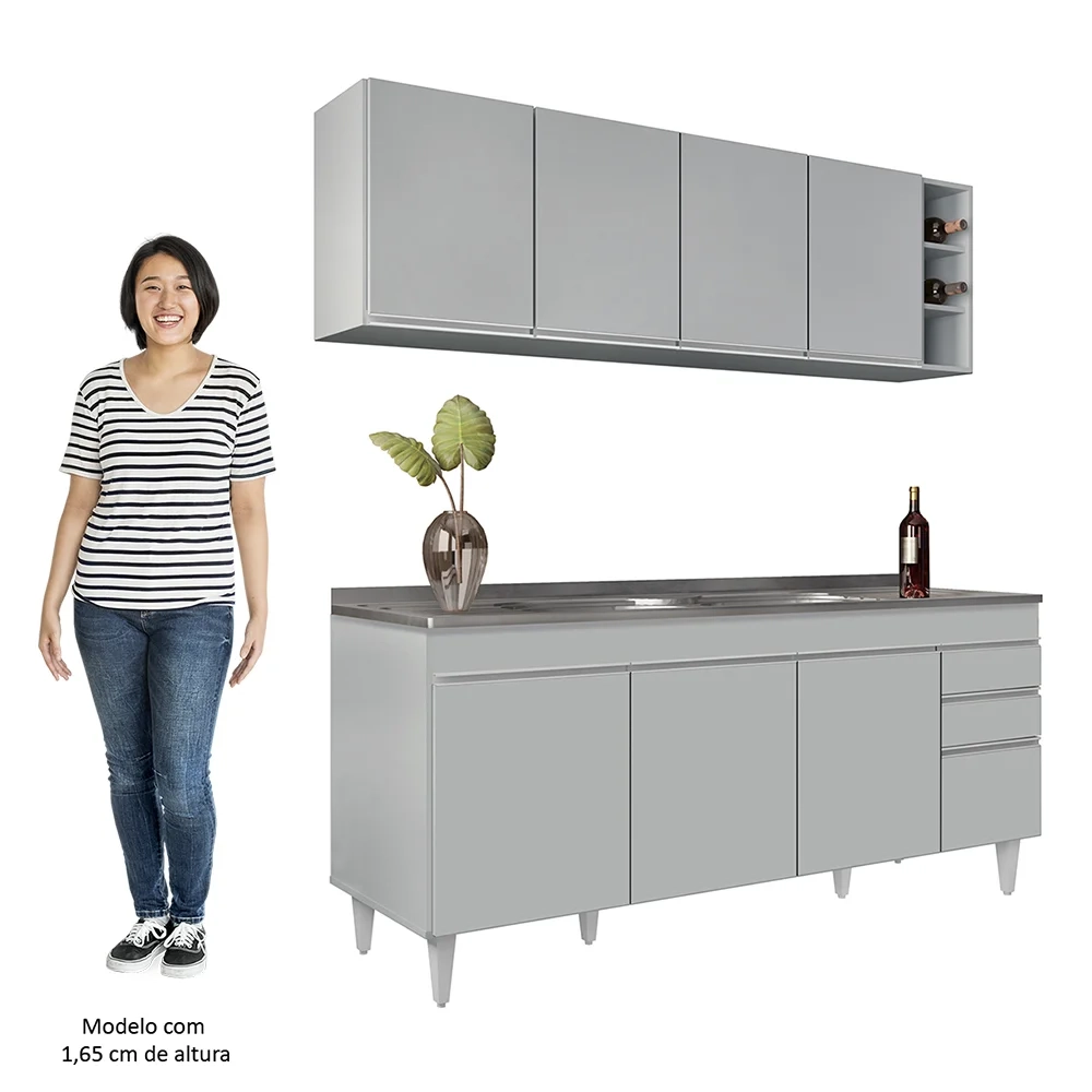 Armário Aéreo Nevada e Balcão Gabinete 180cm Com Pia Dallas Cinza Claro - Lumil
