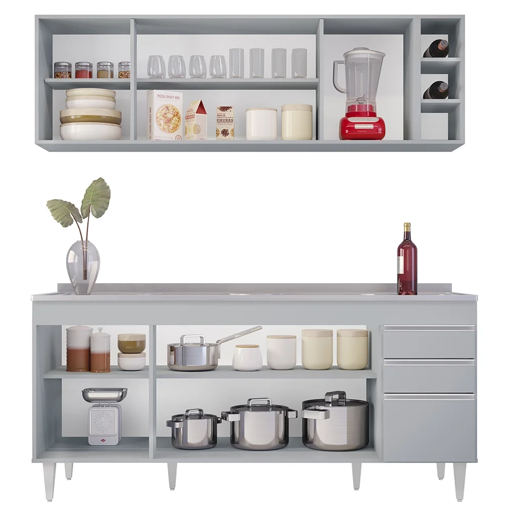 Armário Aéreo Nevada e Balcão Gabinete 180cm Com Pia Dallas Cinza Claro - Lumil