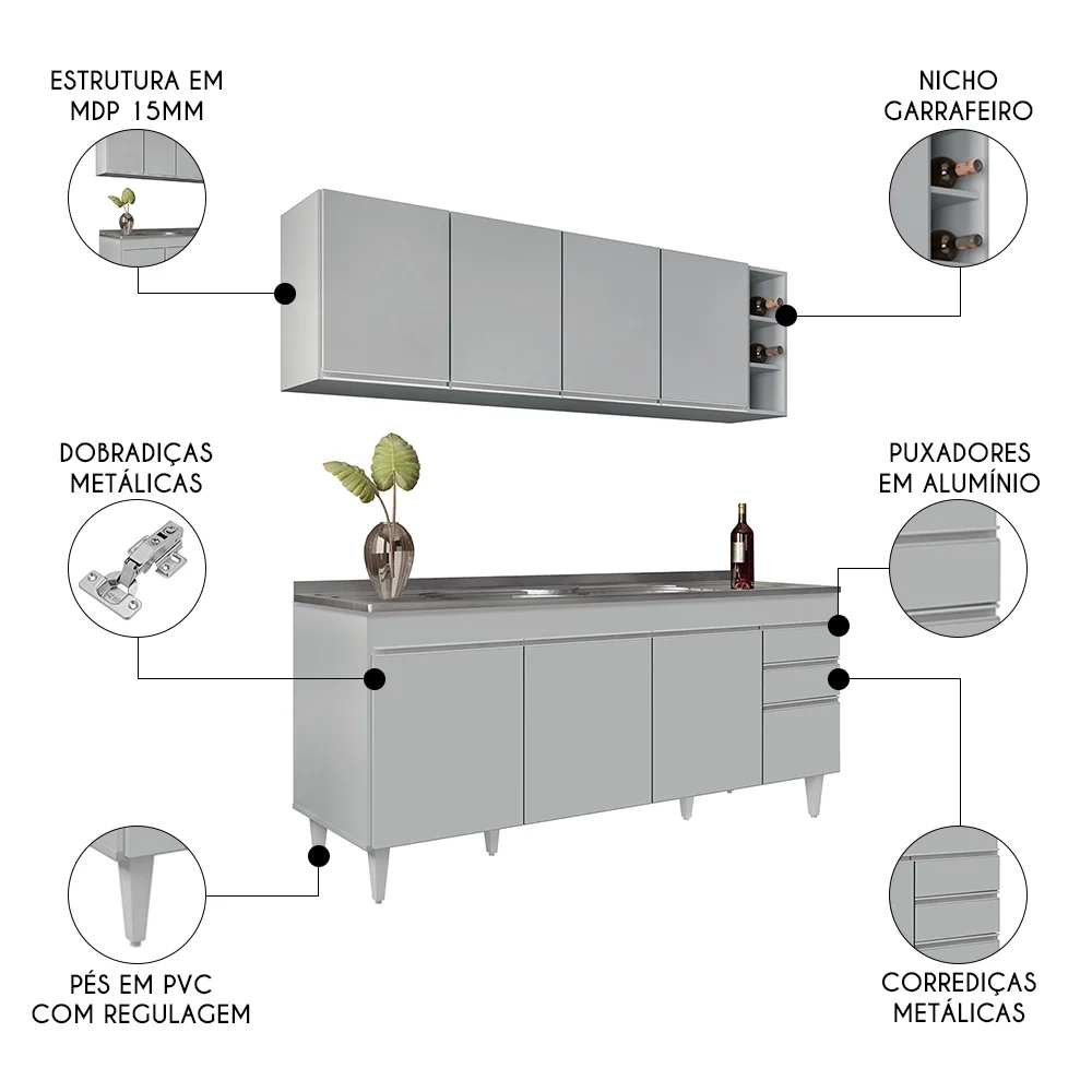 Armário Aéreo Nevada e Balcão Gabinete 180cm Com Pia Dallas Cinza Claro - Lumil
