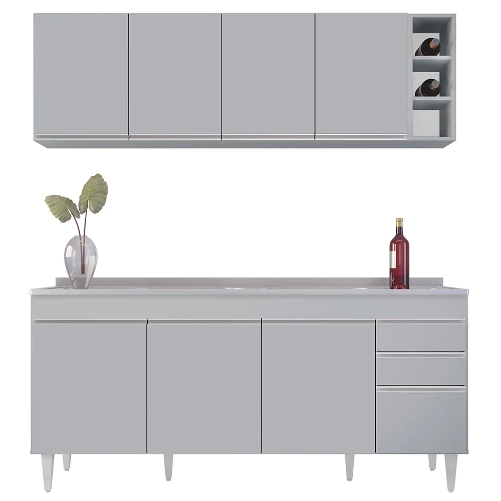 Armário Aéreo Nevada e Balcão Gabinete 180cm Com Pia Dallas Cinza Claro - Lumil