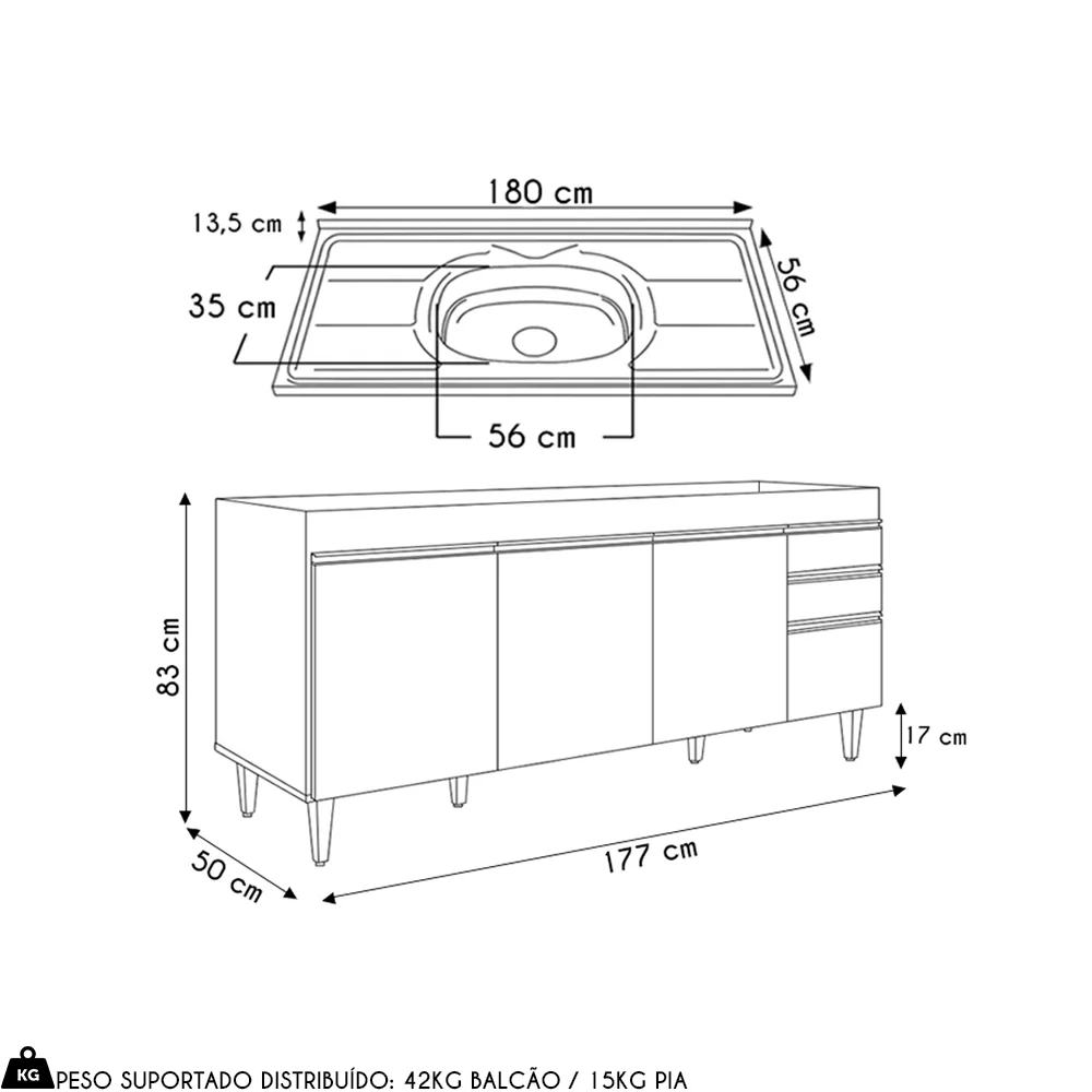 Balcão de Cozinha Com Pia Inox 180cm 4 Portas Dallas Cinza Claro - Lumil