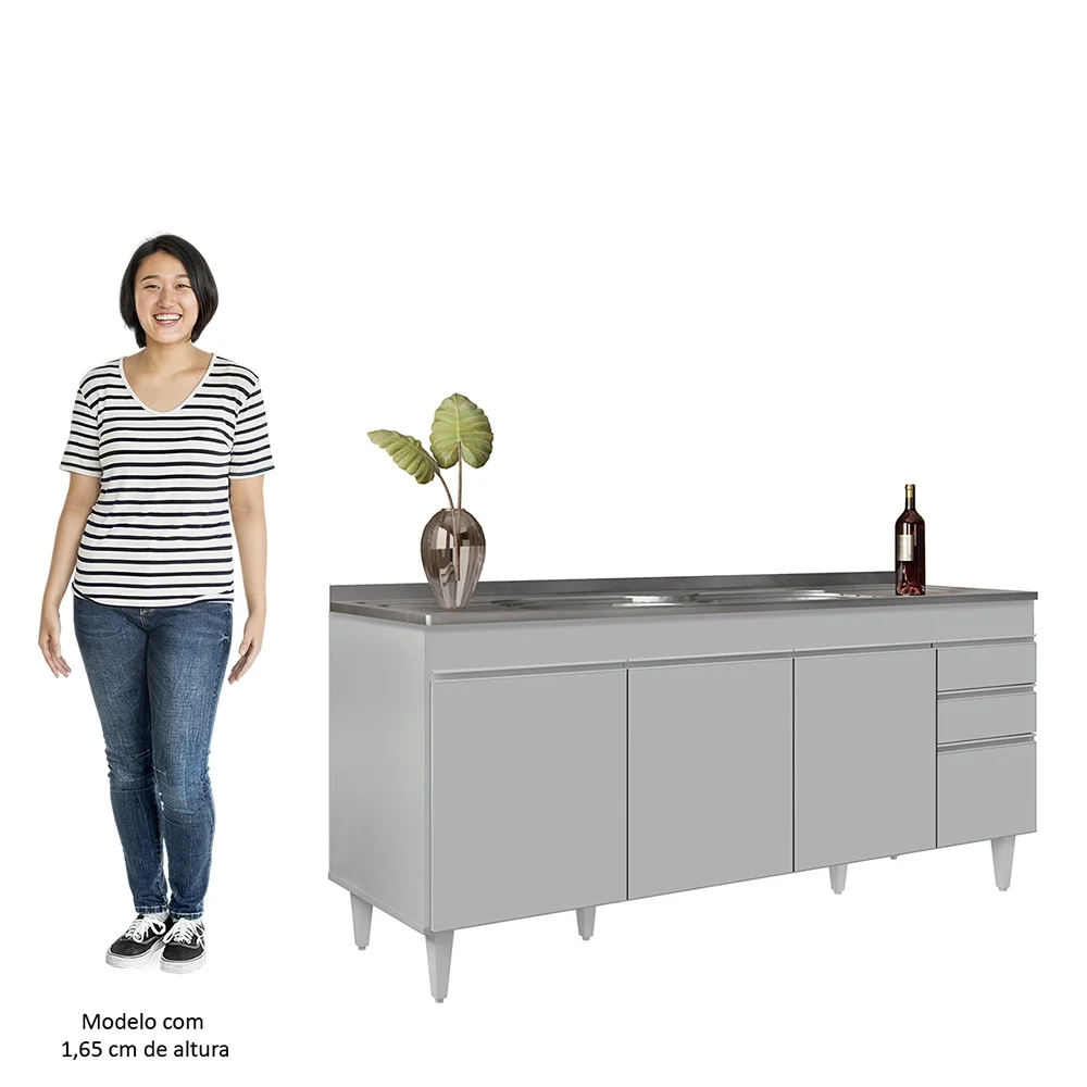 Balcão de Cozinha Com Pia Inox 180cm 4 Portas Dallas Cinza Claro - Lumil