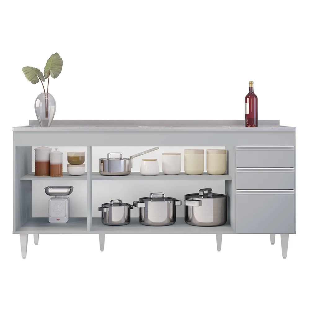 Balcão de Cozinha Com Pia Inox 180cm 4 Portas Dallas Cinza Claro - Lumil