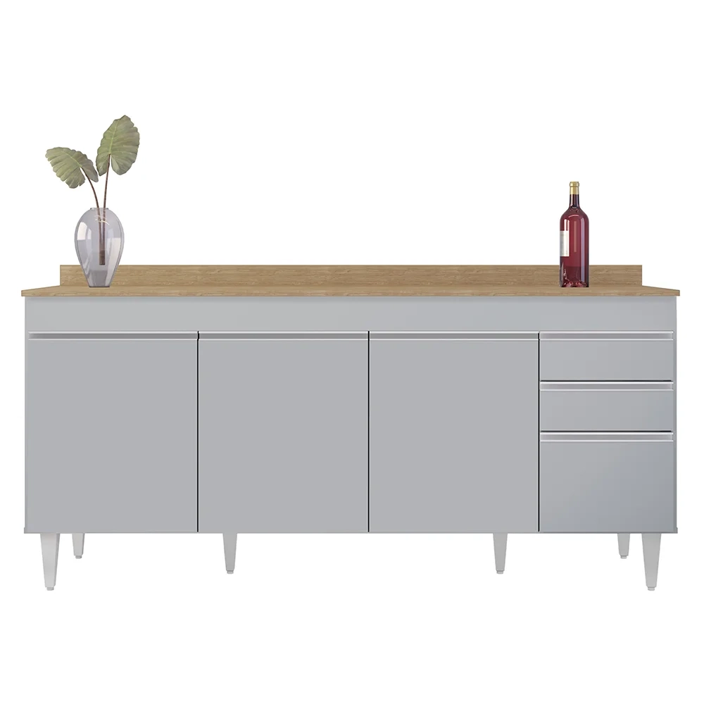 Balcão de Cozinha Para Pia 180cm com Tampo 4 Portas Dallas Cinza Claro/Castanho - Lumil