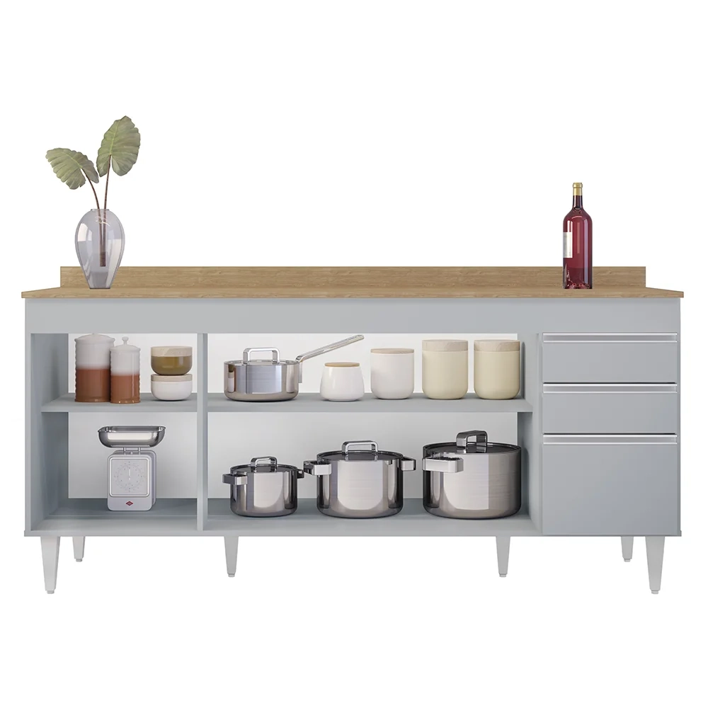 Balcão de Cozinha Para Pia 180cm com Tampo 4 Portas Dallas Cinza Claro/Castanho - Lumil