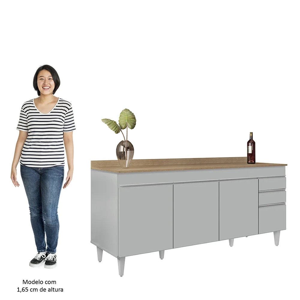 Balcão de Cozinha Para Pia 180cm com Tampo 4 Portas Dallas Cinza Claro/Castanho - Lumil