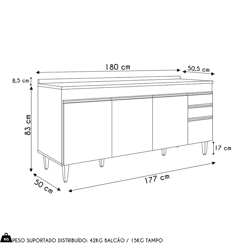 Balcão de Cozinha Para Pia 180cm com Tampo 4 Portas Dallas Cinza Claro/Castanho - Lumil