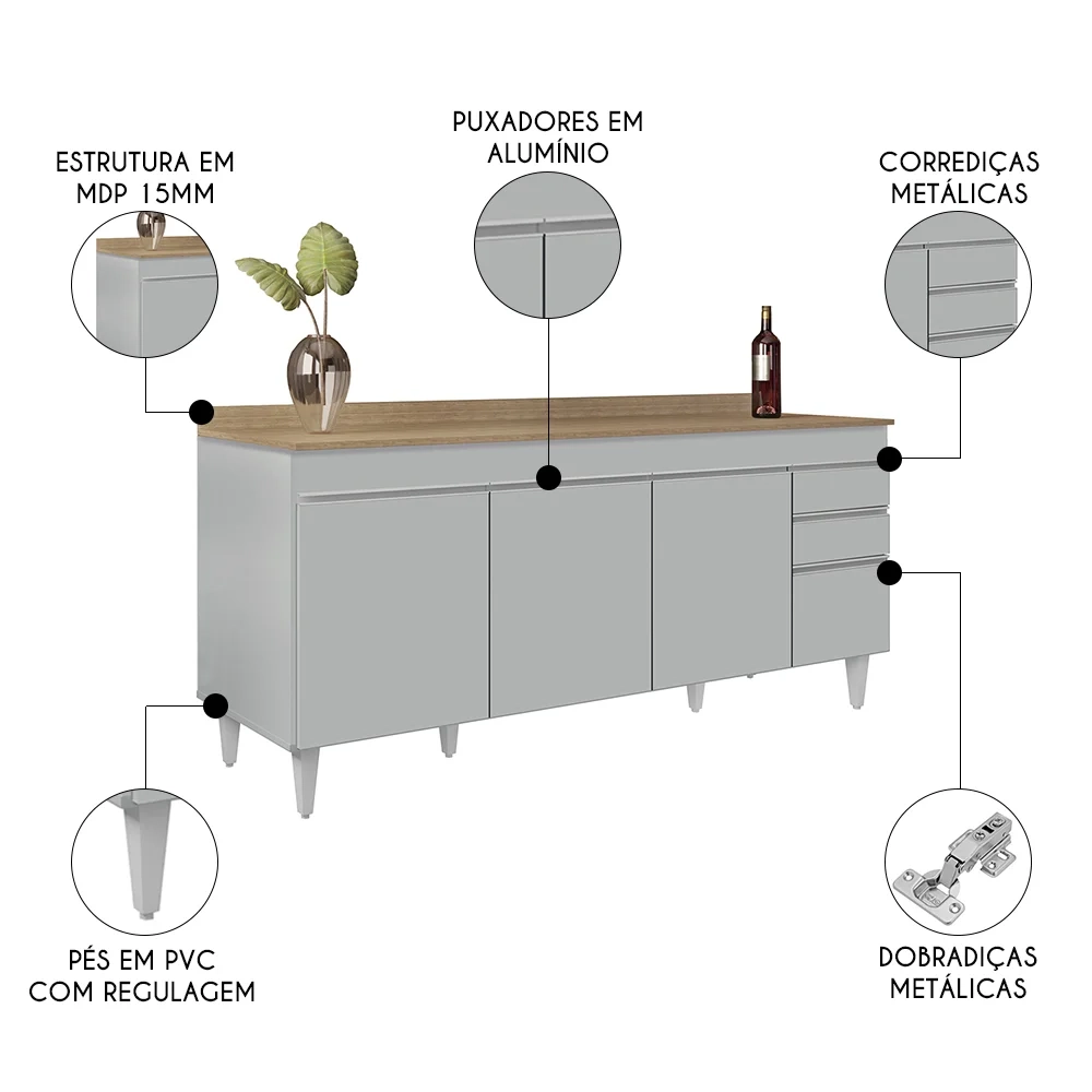 Balcão de Cozinha Para Pia 180cm com Tampo 4 Portas Dallas Cinza Claro/Castanho - Lumil